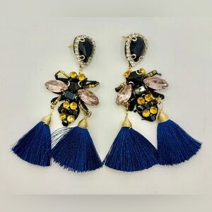 Bee Tassel Earrings Crystal Bee Navy Blue Fringe Statement Earrings
